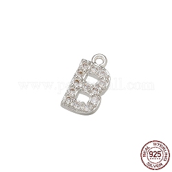Real Platinum Plated Rhodium Plated 925 Sterling Silver Micro Pave Clear Cubic Zirconia Charms, Initial Letter, Letter B, 9.5x5x1mm, Hole: 0.9mm