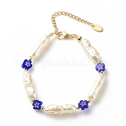 Armband aus ABS-Imitationsperlen und Millefiori-Glasperlen für Damen, Blau, 7-1/2 Zoll (19.2 cm)