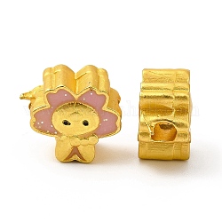 合金エナメルビーズ  ラックめっき  花のキャラクター  マットゴールドカラー  ピンク  11x12x7mm  穴：3mm