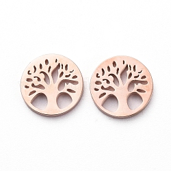 Vacuum Plating 304 Stainless Steel Filigree Joiners, Manual Polishing, Flat Round and Tree, Rose Gold, 7.5x1mm