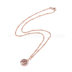Ожерелье с кулоном из кубического циркония, с латунными сателлитными цепями, Плоский круглый и дерево жизни, розовое золото , 16.7 дюйм (42.6 см)