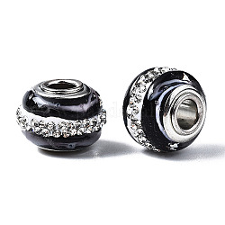 Perles européennes vernissées manuelles, avec strass en pâte polymère, perles de rondelle avec grand trou , en laiton de tonalité de platine noyaux doubles, rondelle, noir, 14x11mm, Trou: 4.5mm