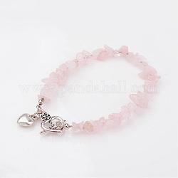 Chip Natural Rose Quartz Beaded Bracelets, Heart, with Tibetan Style Alloy Bar & Ring Toggle Clasps, 193mm