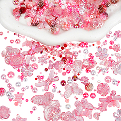 Ahadermaker kit de búsqueda para hacer joyas diy, Incluye cabujones de plástico con forma de mariposa, concha y lazo., perlas redondas de resina y perlas acrílicas, accesorios de decoración de uñas semicirculares, color de rosa caliente, 450 unidades / caja
