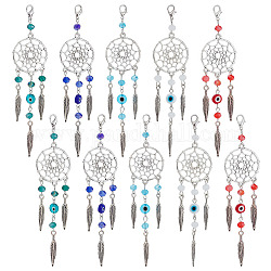 Nbeads 20Pcs 5 Style Woven Net/Web with Feather Tibetan Style Alloy Pendant Decorations, Evil Eye Lobster Clasp Charms, Clip-on Charms, for Keychain, Purse, Backpack Ornament, Stitch Marker, Mixed Color, 115x28.5mm, 4pcs/style