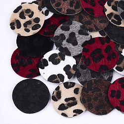 PU Leather Pendants, with Faux Horsehair Fur, Flat Round with Leopard Print Pattern  , Mixed Color, 40x2.5mm, Hole: 1.8mm