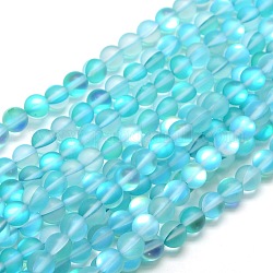 Chapelets de perles en pierre de lune synthétique, perles holographiques, demi couleur ab plaqué, mat, ronde, cyan, 10mm, Trou: 1mm, Environ 37 pcs/chapelet, 15 pouce