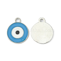 Pendentifs émail en alliage de zinc, sans plomb et sans cadmium, rond et plat avec des mauvais œil, de couleur métal platine , bleu, 21x16x2mm, Trou: 2mm