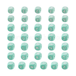 Perles de silicone pour la fabrication de bracelets ou de colliers, cube avec lettre et chiffre, turquoise, 46 pcs / boîte