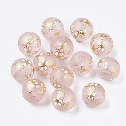 Perles de résine transparente imprimée, mat, rond avec motif de fleurs de sakura, rose, 11.5x11mm, Trou: 2mm