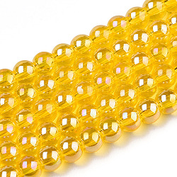 Electroplate Transparent Glass Beads Strands, AB Color Plated, Round, Gold, 4~4.5mm, Hole: 0.8mm, about 97~99pcs/strand, 14.76 inch~14.96 inch(37.5~38cm)