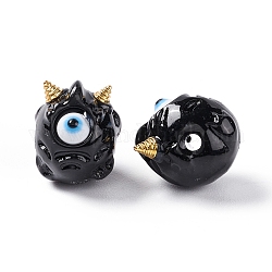 Perles de résine opaques d'halloween, avec cornes en alliage doré, monstre à un seul œil, noir, 13x10.5x12mm, Trou: 1.8mm