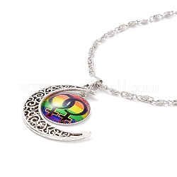Rainbow Pride Necklace, Flat Round with Pattern & Moon Pendant Necklace for Men Women, Antique Silver & Platinum, Female Gender Symbol, 18.31 inch(46.5cm)