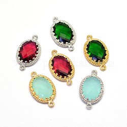 Oval Brass Links, with Faceted Glass Cabochons, Mixed Color, 23x13x5mm, Hole: 1mm