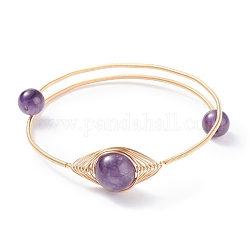 Bracelet en perles rondes d'améthyste naturelle, bracelet de couple réglable en fil de cuivre pour femme, or, diamètre intérieur: 2 pouce (5.2 cm)