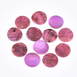 Colgantes de concha de akoya natural de pintura en aerosol, Colgantes de concha de madreperla, plano y redondo, color de rosa caliente, 15x1~3mm, agujero: 1.1~1.5 mm