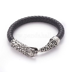 Retro Leather Cord Bracelets, with 304 Stainless Steel Hook Clasps, Snake, Antique Silver, 8-1/8 inch~8-1/4 inch(20.5~21cm), 8mm