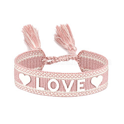 Bracelet cordon tressé motif mot amour en silicone avec pompons en polyester, bracelet plat réglable pour femme, rose, diamètre intérieur: 5-7/8~9-1/2 pouce (15~24 cm)