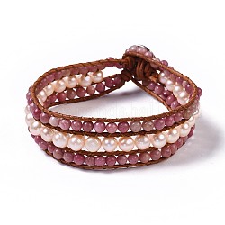 Natural Rhodonite Beaded Cord Bracelets, with Freshwater Pearl, Leather Cord and Alloy Clasps, 8-5/8 inch(22cm), 20mm