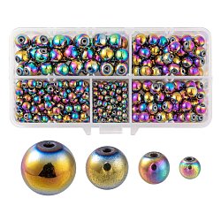 340pcs 4 tailles de perles d'hématite synthétique non magnétiques, Grade a, ronde, multi-couleur plaquée, 4mm / 6mm / 8mm / 10mm, Trou: 1~2mm