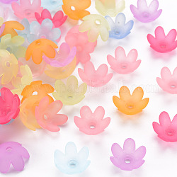 Frosted Acrylic Bead Caps, 6-Petal, Flower, Mixed Color, 14x6mm, Hole: 2mm, about 1660pcs/500g