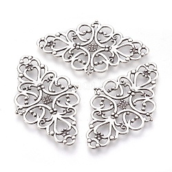 Tibetan Style Alloy Rhombus Filigree Joiners Links, Cadmium Free & Nickel Free & Lead Free, Antique Silver, 42x25x1mm, Hole: 2mm