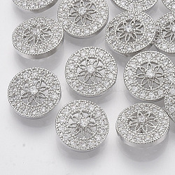 Brass Shank Buttons, with Micro Pave Cubic Zirconias, Flat Round with Flower, Clear, Platinum, 12x5mm, Hole: 1.4mm
