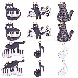 18 pz 6 stili in lega di ciondoli in smalto, nota musicale e fascino di gatto e pianoforte, oro, 28.5x24mm, Foro: 2 mm