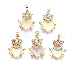 Brass Cubic Zirconia Pendants,  with Glass and Brass Snap on Bails, Nickel Free, Real 18k Gold Plated, AB Color Plated, Bear, Clear AB, 18x15x5mm, Hole: 2x4mm