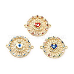 Rack Plating Brass Micro Pave Clear Cubic Zirconia Connector Charms, Flat Round with Heart Evil Eye Links, with Enamel, Cadmium Free & Lead Free, Real 18K Gold Plated, Mixed Color, 25x30.5x5mm, Hole: 1.8mm