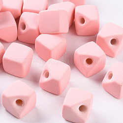 Perles acryliques, de Style caoutchouté, la moitié foré, cube d'espace, rose, 13.5x13.5x13.5mm, Trou: 3.5mm