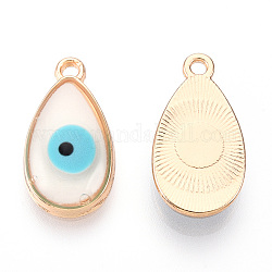 Rack Plating Alloy Resin Pendants, with Enamel, Teardrop with Evil Eye Charm, Light Gold, Cadmium Free & Nickel Free & Lead Free, White, 21x11.5x4mm, Hole: 1.6mm