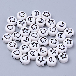 Perle acriliche bianche opache, tondo piatto con stella nera e cuore e luna e fiore, 7x3.5mm, Foro: 1.5 mm