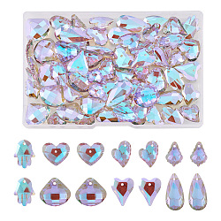 70 colgante de vidrio facetado electrochapado de 7 estilos., lágrima y corazón y ventilador, lila, 15~24x12~19.5x5~7.5mm, agujero: 1.2~1.6 mm, 10 piezas / style
