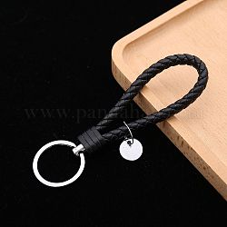 PU Leather Knitting Keychains, Wristlet Keychains, with Platinum Tone Plated Alloy Key Rings, Black, 12.5x3.2cm