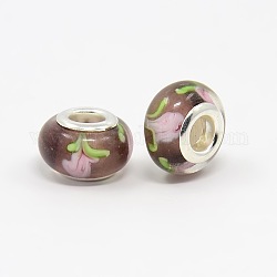 Rondelle Purple Color Lampwork Large Hole European Beads, with Silver Tone Brass Core, about 12~14mm in diameter, 10~11mm thick, hole: 4~5mm