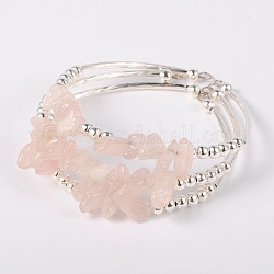Di chip gemma bracciale bracciali perline, con perline tubo di ottone e perle tonde di ferro, colore argento placcato, quarzo rosa, 50x55mm
