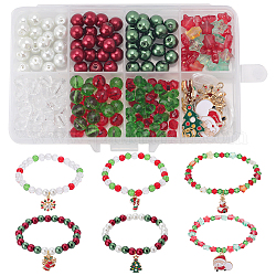 Sunnyclue kit de fabrication de bracelets de Noël bricolage, y compris étoile de verre et perles toupies, Pendentifs en émail en alliage de flocon de neige et de cloche et d'arbre et de canne à sucre, couleur mixte, 208 pcs / boîte