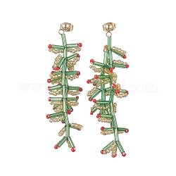 Boucles d'oreilles pendantes tige branche tressée graine de verre, Boucles d'oreilles de Noël en acier inoxydable doré 304 pour femme, colorées, 64mm, pin: 0.7 mm