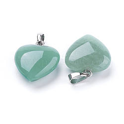 Pendenti avventurina verde naturale, con accessori di ottone, cuore, platino, 23x20x7~9mm, Foro: 5x8 mm