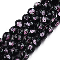 Fili di perline murano fatto a mano, rotonda con fiore, nero, 9.5mm, Foro: 1.5 mm, circa 50pcs/filo, 18.90 pollice (48 cm)