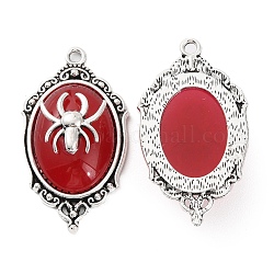 Pendentifs ovales en alliage d'Halloween, breloques araignée avec résine, argent antique, rouge, 42.5x23.5x10mm, Trou: 2.2mm