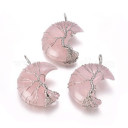 Pendentifs enroulés de fil d'arbre de vie en quartz rose naturel, avec les accessoires en laiton, croissant de lune, platine, 44~46x26~32x12.5mm, Trou: 6.5x4.5mm