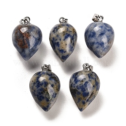 Pendentifs en jaspe tache bleue naturelle, avec le fer de platine plaqué bélières snap on, larme, 24~25x15~16mm, Trou: 7x3.5mm