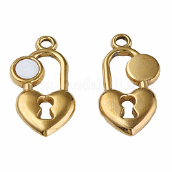 304 Stainless Steel Charms, with White Shell, Heart-Shaped Lock, Golden, 20x11x2.5mm, Hole: 1.6mm
