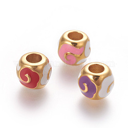 304 Stainless Steel European Beads, Ion Plating (IP), with Enamel, Large Hole Beads, Round, Golden, Mixed Color, 11x9.5mm, Hole: 4.7mm