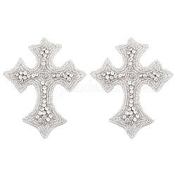 Computerized Embroidery Rhinestones Cloth Iron on/Sew on Patches, Costume Accessories, Appliques, Cross, Beige, 105x85x4.5mm
