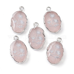 Naturali Quarzo Rosa pendenti ovali, ciondoli ovali in ottone placcato platino con fiore, 22~22.5x13~13.5x4.5mm, Foro: 1.6~1.8 mm