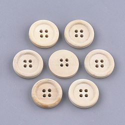 Boutons en bois avec 4 trou, non teint, plat rond, blanc antique, 20x4.5mm, Trou: 2mm, environ 650 pcs/500 g