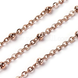 Ion Plating(IP) 304 Stainless Steel Cable Chains, Satellite Chains, with Round Beads, Soldered, with Spool, Flat Oval, Rose Gold, 3x1.9x0.5mm, about 32.8 Feet(10m)/roll